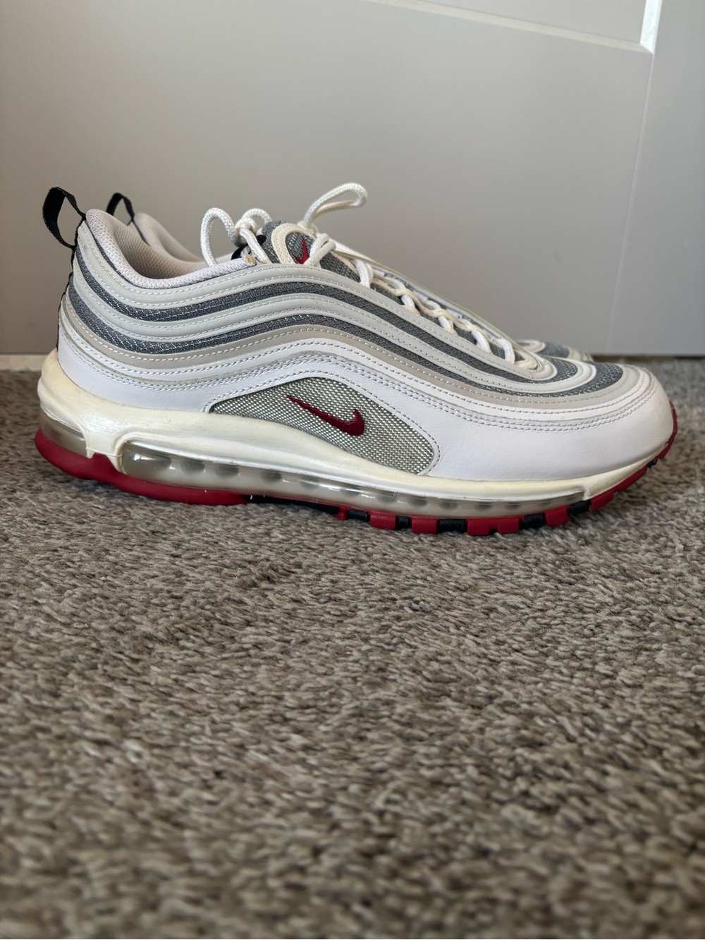 Nike Men’s Air Max 97 — White/Grey with Red Accents